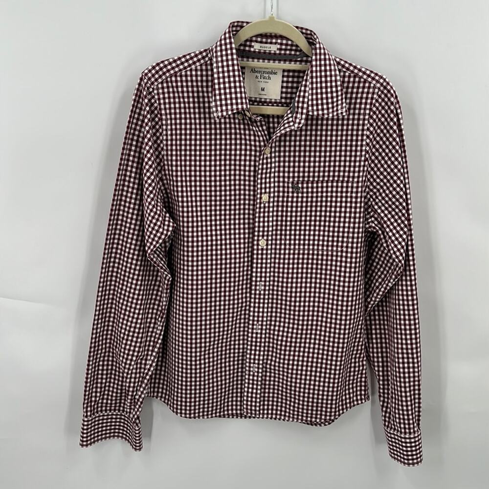 Abercrombie & Fitch Men's Burgundy & White Check Long Sleeve Shirt Size Medium